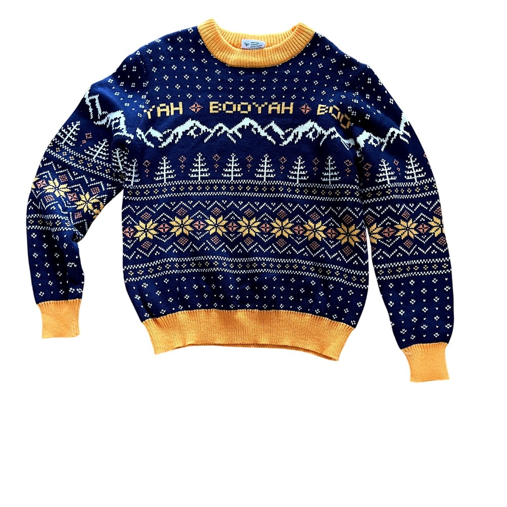 Roody Fair Isle Sweater‎ Medium Navy Mustard Mountain Tree Knit Pullover Cabin